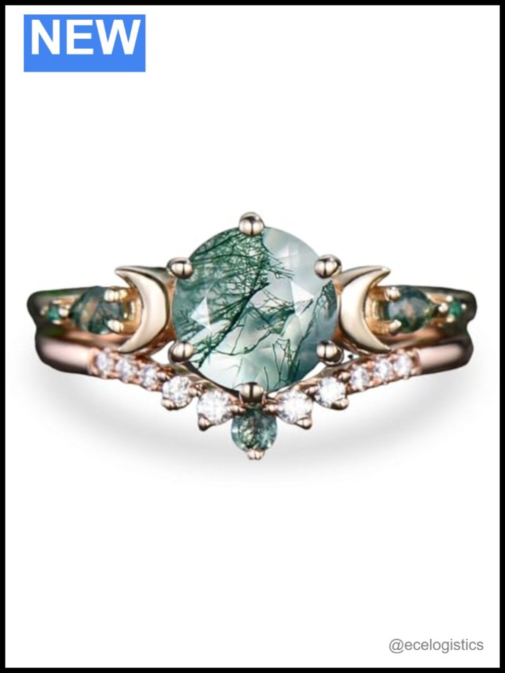 10K 14K 18K Rose Gold 2CT Round Natural Moss Agate Engagement Ring Set for
